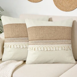 QoBexim Boho Patchwork Linen Pillow Covers with Tassles 18x18 Set of 2