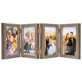 4x6 Four Picture Frame 4 Hinged Photo Frame with 4 Openings, Natural Wood Foldable Photo Frame with High Definition Acrylic for Birthday Father's Day Christmas Gift, Rustic Desk Family Picture Collage, Gray