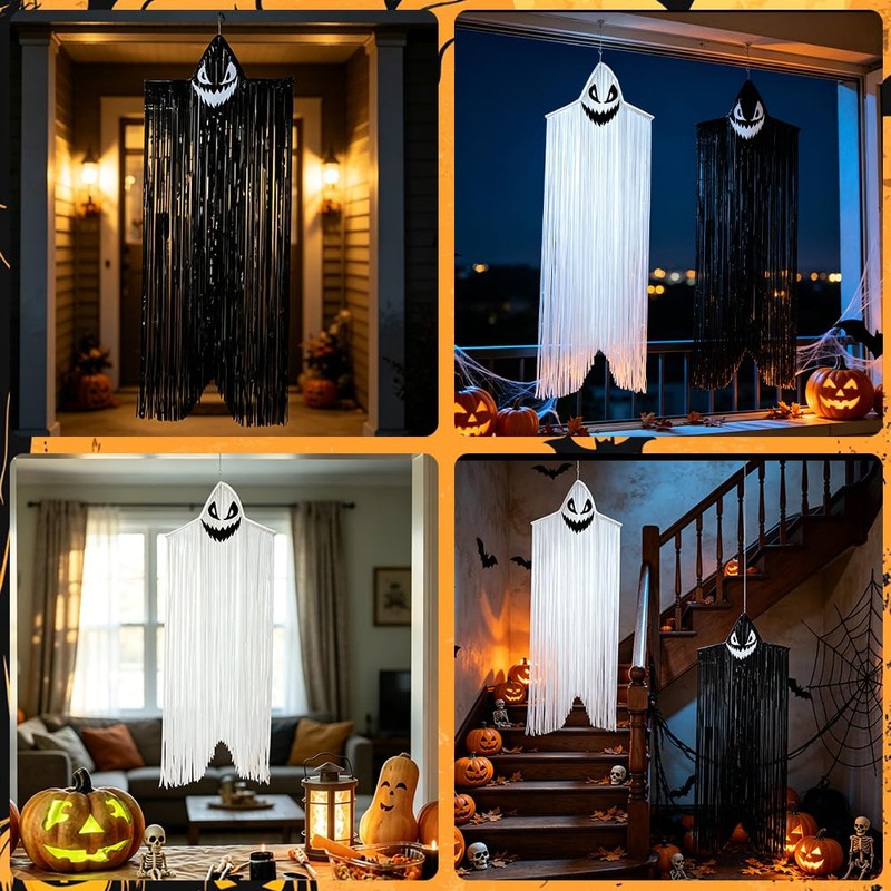2 Pack Hanging Halloween Decorations Skeleton Ghost Outdoor Black &
