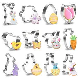 yufana Edelstahl 12-Teiliger Schimmelpilzset, Miniform, GebäCkform, Ausstechformen Ostern, Kleine Keksform, Liebe, Kaninchen, Blumen Verschiedene Geometrische Formen (Silber372)