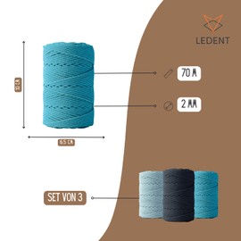 Ledent Macrame Yarn (2 mm, 3 x 70 m, Set of 3 Colours: Dark Blue, Light Blue & Turquoise) Double Twisted - Rope for Macrame Made from 100% Recycled Cotton Yarn - Macrame Yarn for Crafts