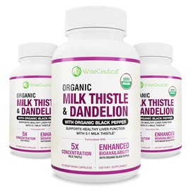 Max Absorption USDA Organic Milk Thistle Potent 5:1 Concentrated Extract (2000mg Strength) & Organic Dandelion Root | Silymarin Antioxidant Flavonoid | Liver Support Supplement (60 Count (Pack of 3))