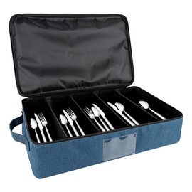 Kingshion 5-Compartment Cutlery Organizer - Heavy-duty Silverware Storage Case with Zipper Lid, Removable Dividers & Carry Handles, Portable Flatware Holder for Utensils, Knives, Spoons - Dark blue