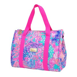 Lilly Pulitzer Cute Lunch Bag for Women, Large Capacity Insulated Tote Bag, Pink/Blue Mini Cooler with Storage Pocket and Shoulder Straps, Splendor in the Sand