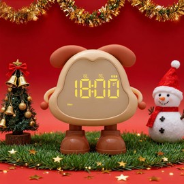 DORA Dog Alarm Clock for Boys and Girls' Bedrooms, LED Cute Bedside Alarm Clock with Digital Display, Children's Sleep Trainer, Wake-up Light and Children's Night Light(Brown)