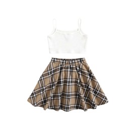 WDIRARA Girl's 2 Piece Cute Outfits Cartoon Print Cami Top and Plaid Skirt Set Multicolor Bear 10Y