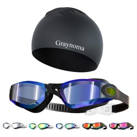 Graynoma Swim Goggles & Cap Set, High Stretch Silicone Swim Cap and Anti-Fog Swimming Goggles for Adult Men Women(Cobalt blue &black cap)