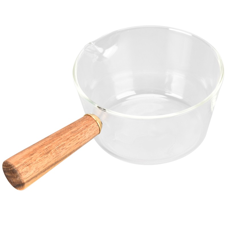 Glass Milk Pot with Wooden Handle V Shaped Spout Noodles