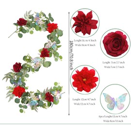 FLCSIed 5.9 FT Artificial Flower Garland with Butterflies Fake Rose Garland Faux Greenery Eucalyptus Garlands for Wedding Table Backdrop Arch Centerpieces Decorations (Red)