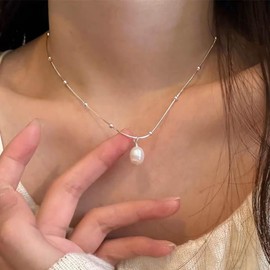 Cybche Vintage Baroque Pearl Necklace Choker Wedding Single Pearl Pendant Necklace MInimalist Small Beaded Snake Chain Necklaces Jewelry for Women