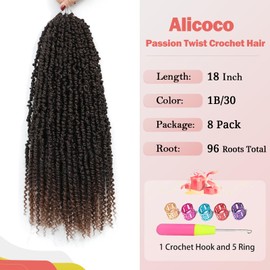 Alicoco Passion Twist Crochet Hair 18 Inch Passion Twist Hair Pre Looped 8 Packs Spring Twist Crochet Braids with Curly Ends Pre-Twisted Crochet Hair for Women (1B/30)