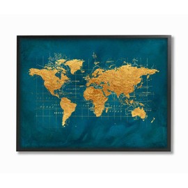 Stupell Industries World Map Gold Blue Texture Watercolor Chart, Design by Beth Albert Wall Art, 16 x 20, Black Framed