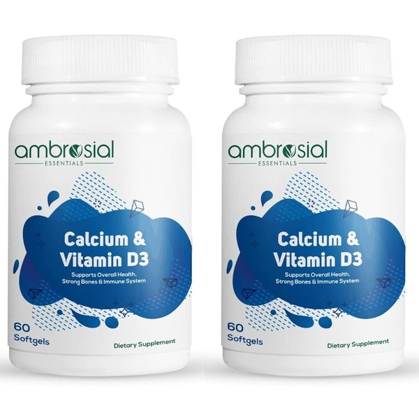 Ambrosial Calcium & Vitamin D Tablets | High Potency Calcium Supplement for Bone Health, Muscles & Teeth | High Strength Calcium Tablets (Pack of 2-120 Softgels)