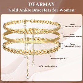 Wanmu 3Pcs 14K Gold Plated Anklet Bracelets for Women, Gold Ankle Bracelets for Women Waterproof, Cuban Link Chain Anklets Set, Layered Anklet Bracelets for Women, Beach Gift Adjustable Size