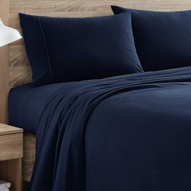 Flannel Sheets Warm and Cozy Deep Pocket Breathable All Season Bedding Set with Fitted, Flat and Pillowcases, Twin, Navy