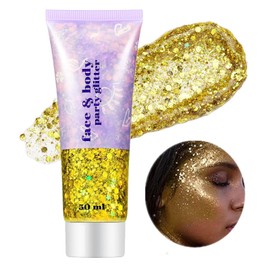Go Ho Gold Face Body Glitter,Mardi Gras Glitter Makeup Gold Face Paint,Holographic Chunky Sequins Glitters for Eye Lip Hair Nails,Festival Glitter Rave Accessories,02 Gold Glitter