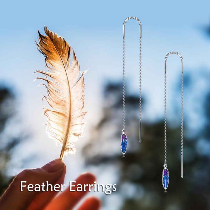 Feather Threader Earrings Sterling Silver Feathers Long Drop Pull Through