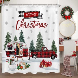 Christmas Camper RV Shower Curtain, Black and Red Buffalo Check Plaid Farmhouse Truck Snowman Camping Fabric Shower Curtains Set for Bathroom, Cute Restroom Decor Accessories with Hooks 72X 72 Inch