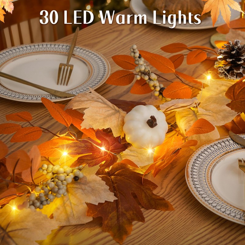 6 Ft Fall Garland with Lights, Thanksgiving Mantel Decor