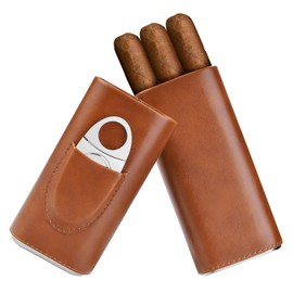 SEEJI Cigar Case Travel - Cigar Humidor Accessories - Cigar Box with Cutter Gift for Men (Brown)