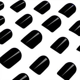 Black Press on Nails Short Square Fake Nails Acrylic Nails Press Ons Black False Nails with Artificial Glossy Designs Full Cover Glue On Nails Solid Color Stick on Nails for Women Manicure 24 Pcs