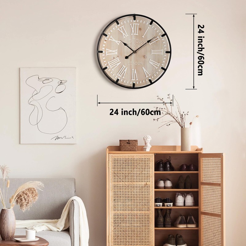 Farmhouse 24 Inch Wood Roman Large Wall Clock with Metal