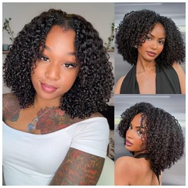 Kinky Curly Half Wigs Human Hair 180 Density 3 In 1 Seamless Flip Over Half Wigs Afro Kinky Burmese Curly Deep Water Wave Glueless Wear and Go Wig Drawstring Headband Ponytail Wig for Women 14 Inch