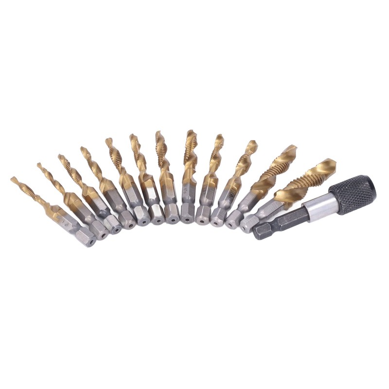 13Pcs/Set Combination Drill Tap High Speed Steel Titanium Plated Hex