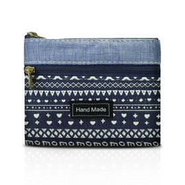 AfitLulu Small Purse Women's Canvas Purse Women's Small, 2 Layers Zip Pockets Mini Purse Women's Bohemian Style Mini Purse for Coins, Cash and Cards, blue, Bohemian style