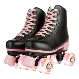 Women's Girls High-top Roller Skates with Light Up Wheels,PU Leather Classic Double-Row Roller Derby Skate for Women Men,Indoor Outdoor, Beginner-Black Pink Flash Wheel,38