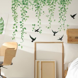 Green Plants Leaves Wall Decals Removable Green Hanging Vines with Birds Wall Stickers Peel and Stick Vinyl Waterproof Leaf Wall Decor for Bedroom Living Room Bathroom Classroom Decorations