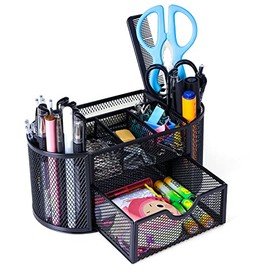 Byjoph Black Mesh Pen Holder Desk Organizer Cute Office Supplies Pencil and Marker Organizers Oval Desk Caddy with 8 Compartments and 1 Drawer Workspace Accessories for Office School Home