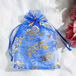FAVORTALK Organza Bags Small 30 Pcs Jewellery PouchesGold Rose Pattern Style Jewelry Drawstring Pouches Wedding Party Favors Mesh Bags for Birthday, Anniversary -9x12 cm/ 3.5 x 4.7 inches (Blue)