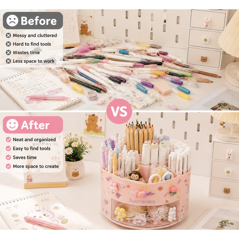 Cute Rotating Pen Holder Organizer for Desk Storage – Kawaii