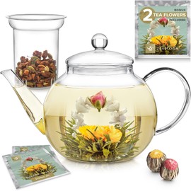 Teabloom Stovetop & Microwave Safe Glass Teapot with Removable Loose Tea Glass Infuser – Includes 2 Blooming Teas – 2-in-1 Tea Kettle and Tea Maker – Tea Purist's Choice