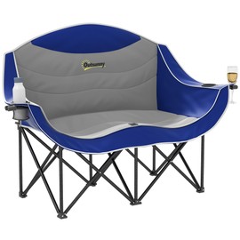 Outsunny Double Camping Chair for Adults, Padded Folding Camp Chair for 2 Person with Armrest, Wine Glass Holder, Cup Holder, Carry Bag for Outdoor Sports, Picnics, Supports up to 551 lbs., Blue
