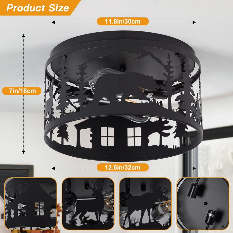 Monaxon Rustic Flush Mount Ceiling Light - 2-Light Metal Fixture