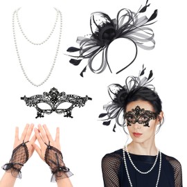 JIEYUMAO Fascinators for Women, Black Tea Party Hats Kentucky Derby Hats with Mask Gloves Necklace for Cocktail Wedding Party