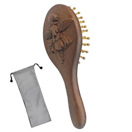 Rhinenet Paddle Hair Brush Handmade Wooden Air Cushion Comb Black Golden Sandalwood Cute Animal Shaped Anti-Static Brush for Massaging Scalp Women Men Kids Thick Thin Curly Dry Hair (Angel Girl)