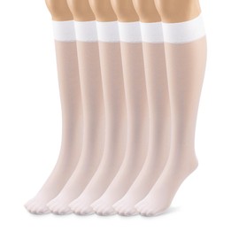 Silky Toes Sheer Knee High Stockings for Women, 6 Pairs Nylon Trouser Socks, White, One Size
