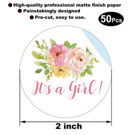 50 It's A Girl Stickers - Baby Shower Favors, Floral Garden Party Decoration, 2 Inch