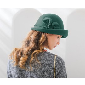 RZTA Women's Vintage 100% Wool Felt Cloche Bucket Bowler Hat Winter Vintage Bow Fedoras Church Fascinator Hat A08 Green