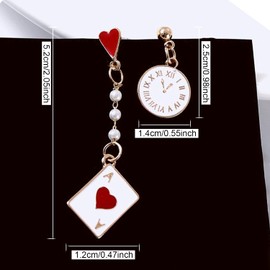 ANDPAI Unique 14K Gold Plated Asymmetric Clock Poker Playing Cards Red Hearts A Dangle Earrings Long Round Alarm Clock Drop Stud Earrings for Women Gambling Casino Jewelry Gifts (Red)
