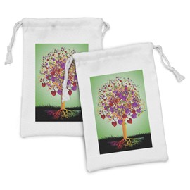 Ambesonne Tree of Life Fabric Pouch Set of 2, Colorful Magic Love Tree Blossomed Heart and Round Leaves and Roots Life Theme, Small Drawstring Bag for Toiletries Masks and Favors, 9" x 6", Multicolor