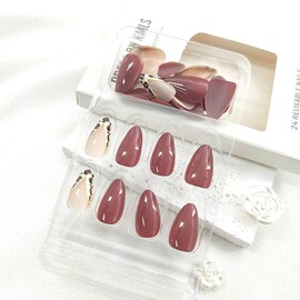 Short Press on Nails Almond Fake Nails with Leopard Glitter Designs Brown Nails Press ons Glossy Glue on Nails French Tip False Nails Nude Acrylic Nails Autumn Stick on Nails for Women 24Pcs