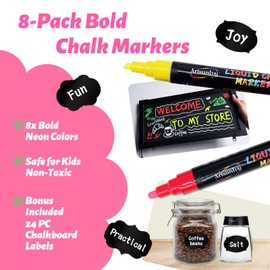 Artsunlvy 8 Colors Chalk Markers,Erasable, Non-Toxic, Water-Based, Reversible Tips, Chalkboard Markers for Kids,Adults,Signs, Windows, Blackboard,Dry Erase Marker Pens