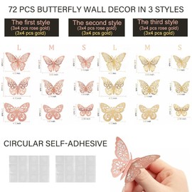 EDLMKM 72 Pcs 3D Butterfly Wall Decor, Butterfly Wall Art Decoration Garden Ornaments Outdoor Indoor, Gold and Rose Gold, Fences Kitchen Art Deco, Birthday Party, Bedroom Decorations