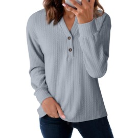 SHEWIN Women Shirts Long Sleeve Ribbed Knit Tops Fall Dressy Tunic Pullover Oversized Sweatshirt Spring Casual Trendy Clothes 2025 V Neck Outfits Blue Size 2XL