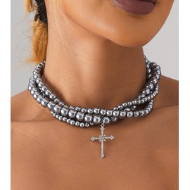 Gothic Dainty Cross Charm Statement Necklace for Women Synthetic Navajo Pearl Necklace Stack CZ Cross Grunge Emo Goth Choker Necklace Y2k Western Chunky Silver Layered Necklaces (Goth, Silver 01)