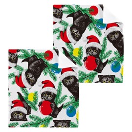 Doterii Washcloths Christmas Black Kitten Cat with Santa Hat Wash Cloths 2 Pcs Small Cotton Wash Towels for Kitchen Bathroom